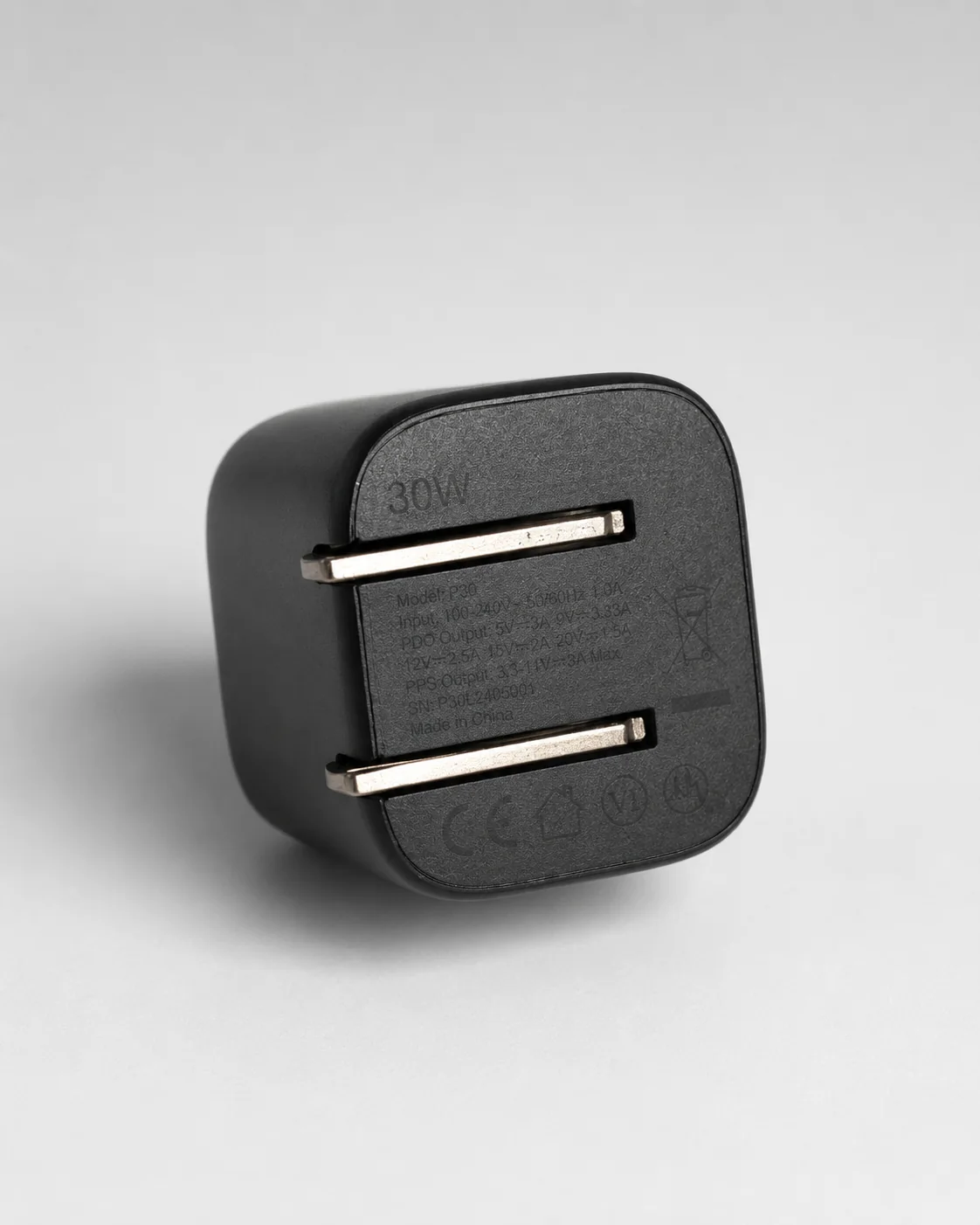 My Anker 30W charger label showing 30W and USB-C power profiles