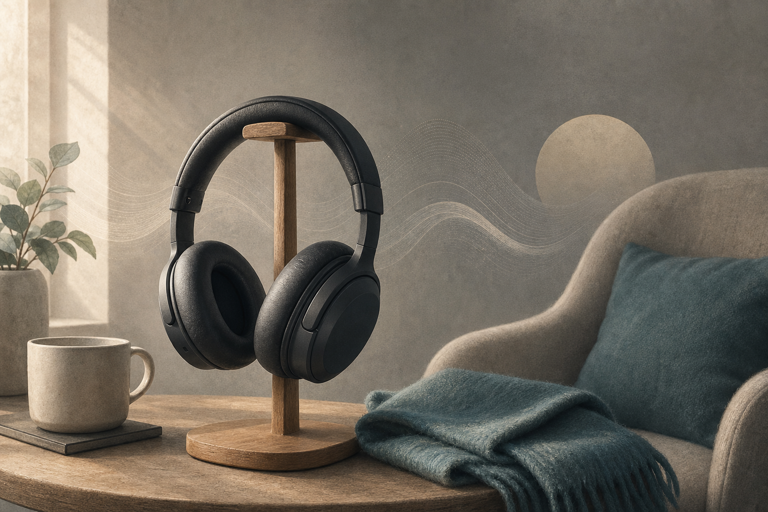Editorial illustration of generic over-ear headphones in a quiet listening corner