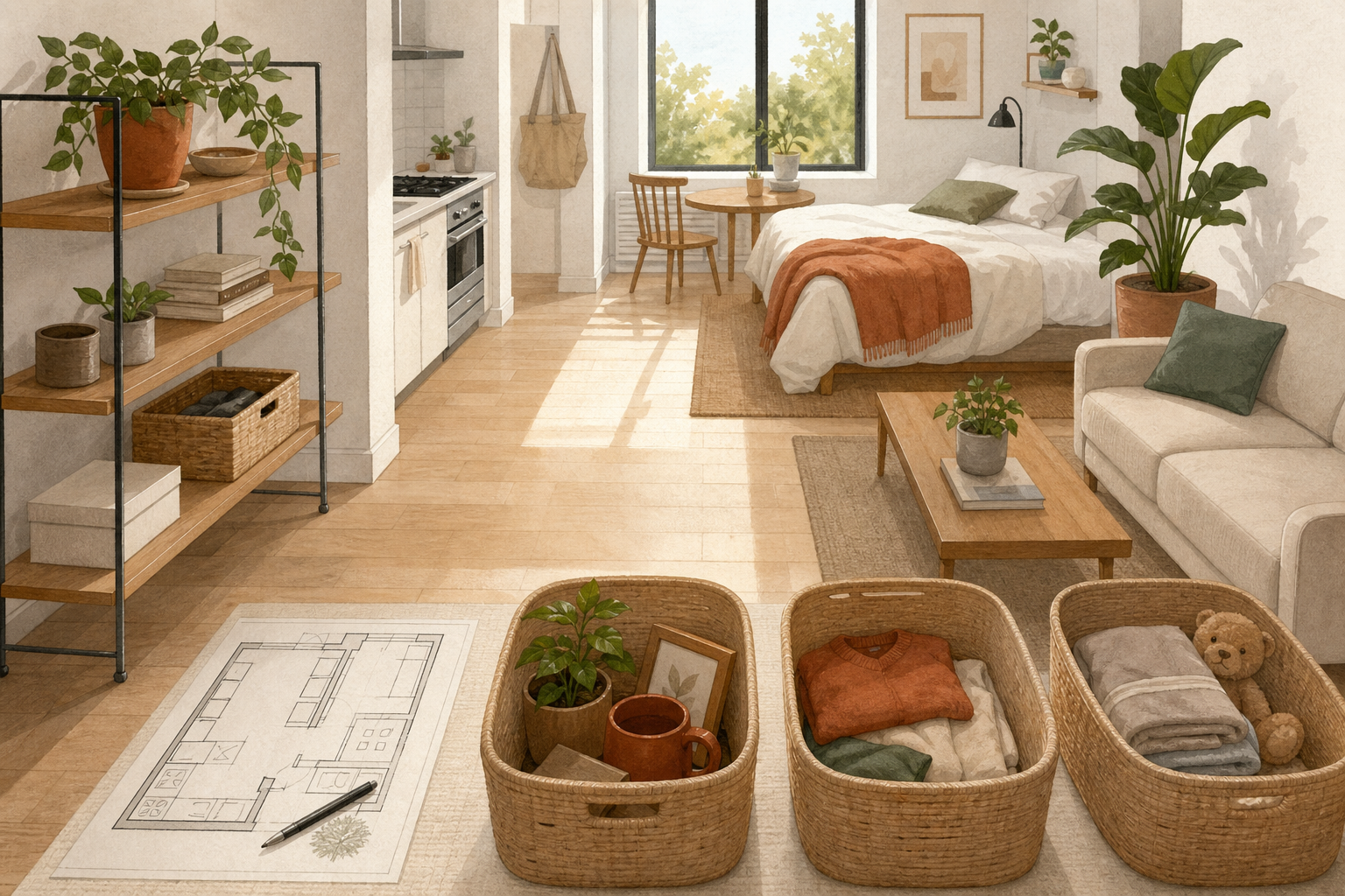 Editorial illustration of a small apartment organized into clear storage zones