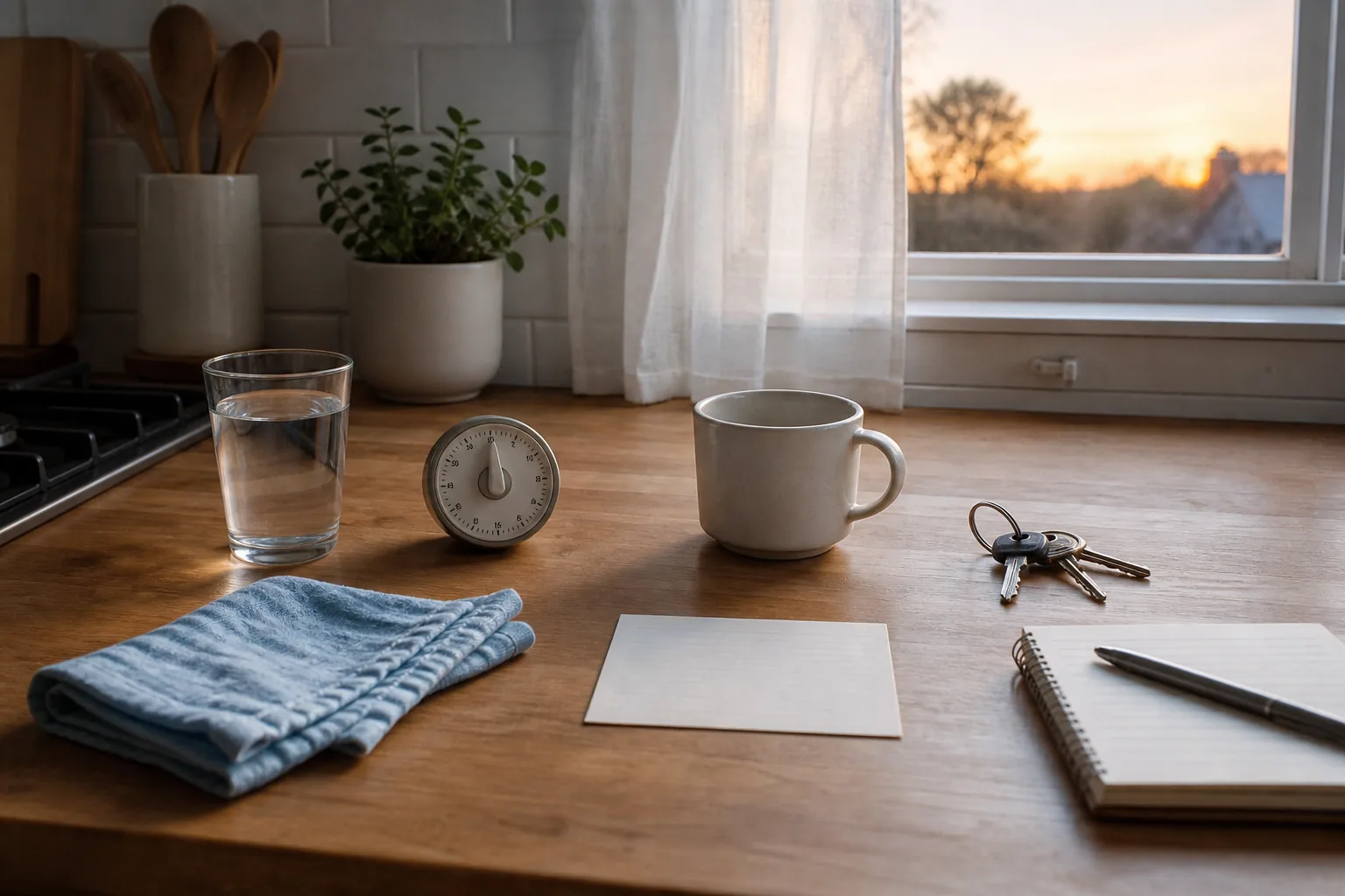 Natural morning still life with water, a timer, keys and a simple note card