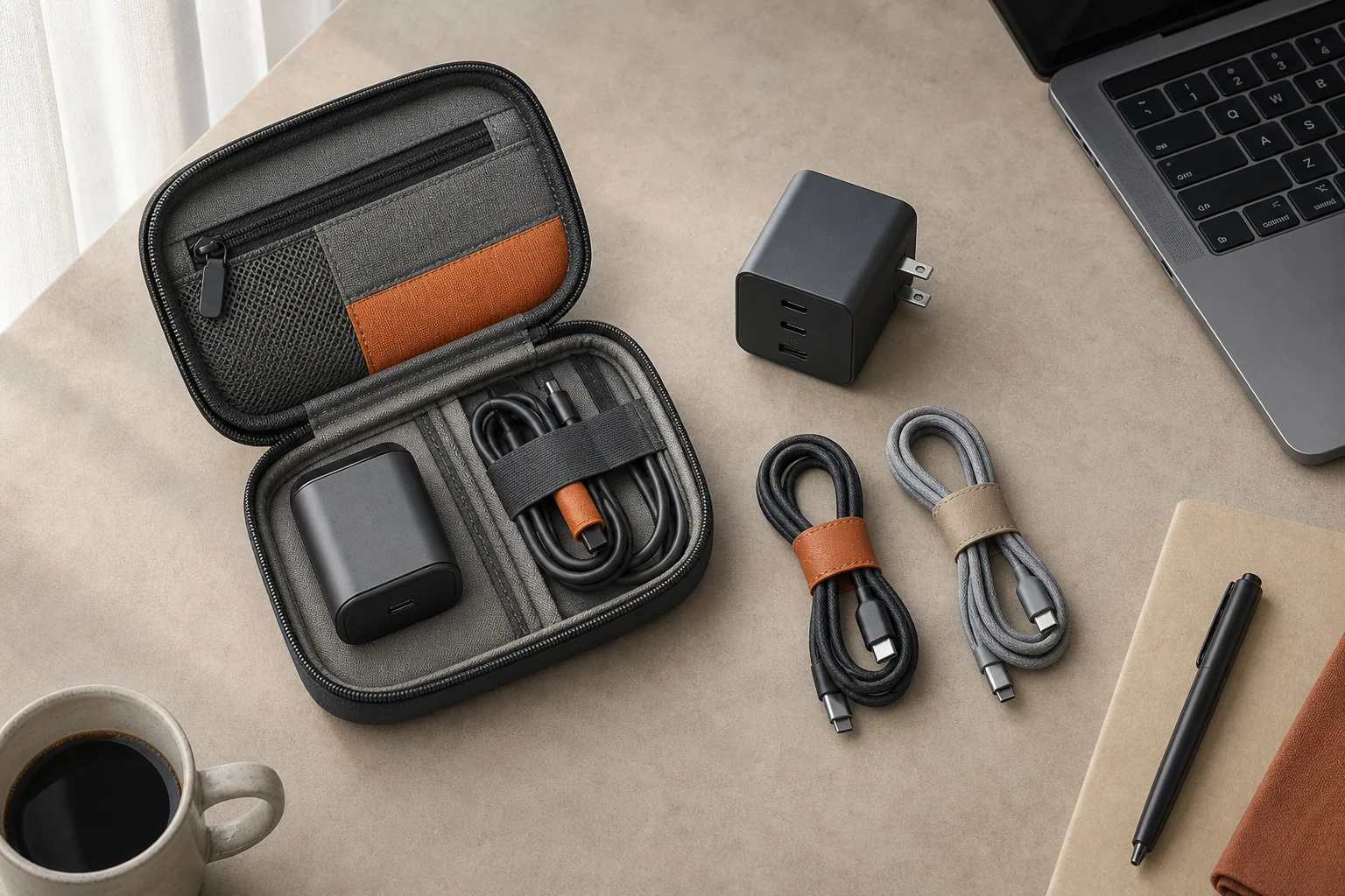Editorial product arrangement of a compact charger, USB-C cables and a travel pouch