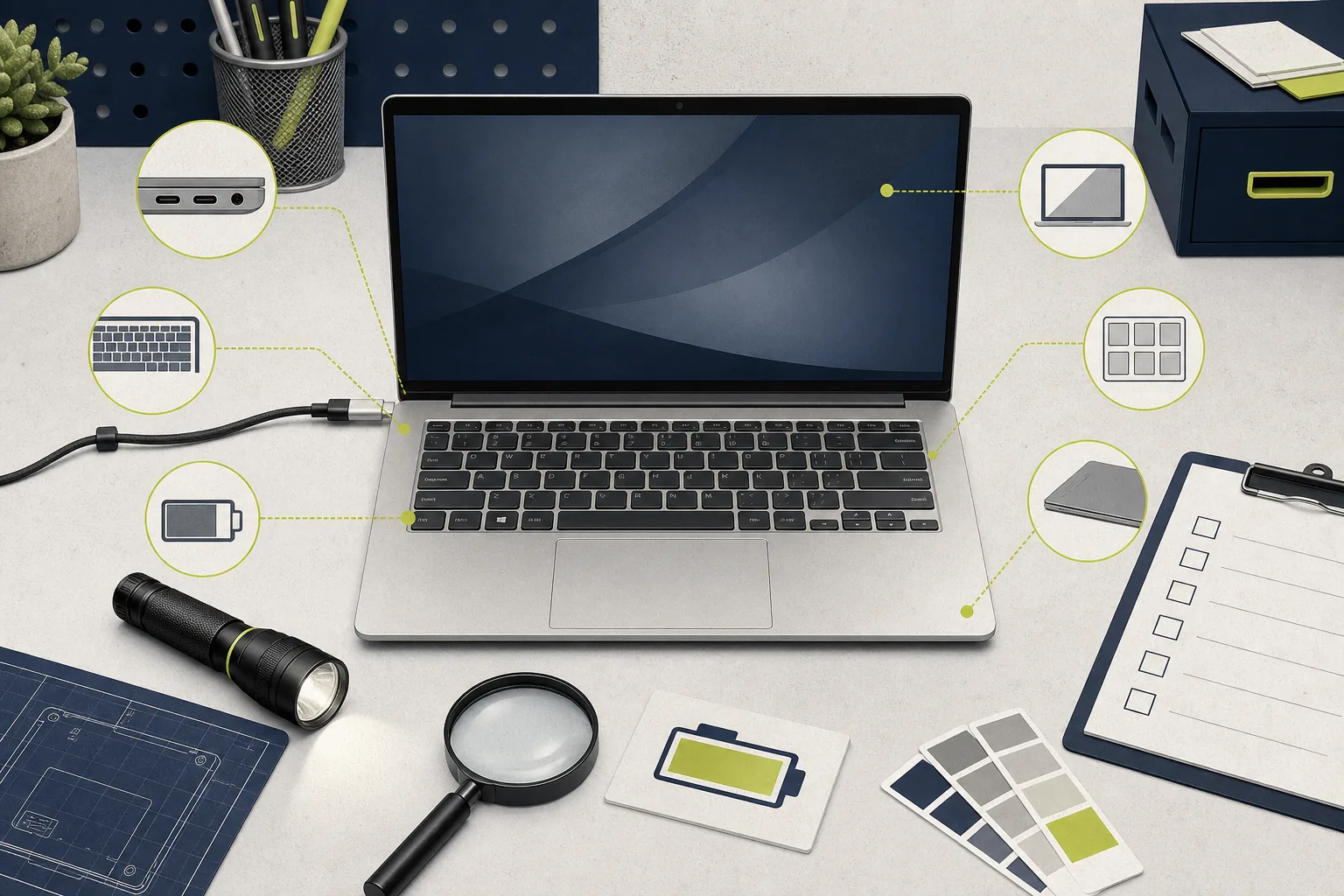 Editorial inspection scene with a refurbished laptop, checklist and diagnostic tools