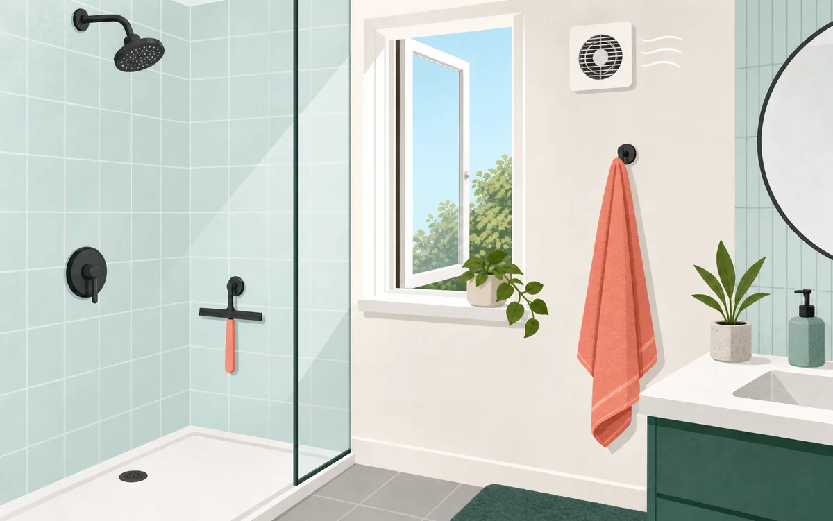 Bright rental bathroom with ventilation and a shower squeegee