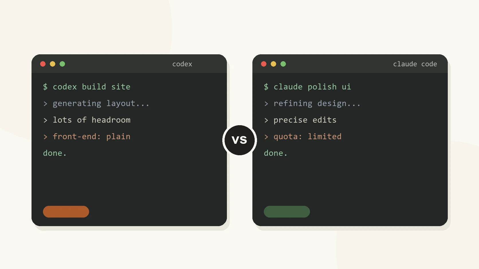 Two code-editor terminals side by side representing Codex and Claude Code