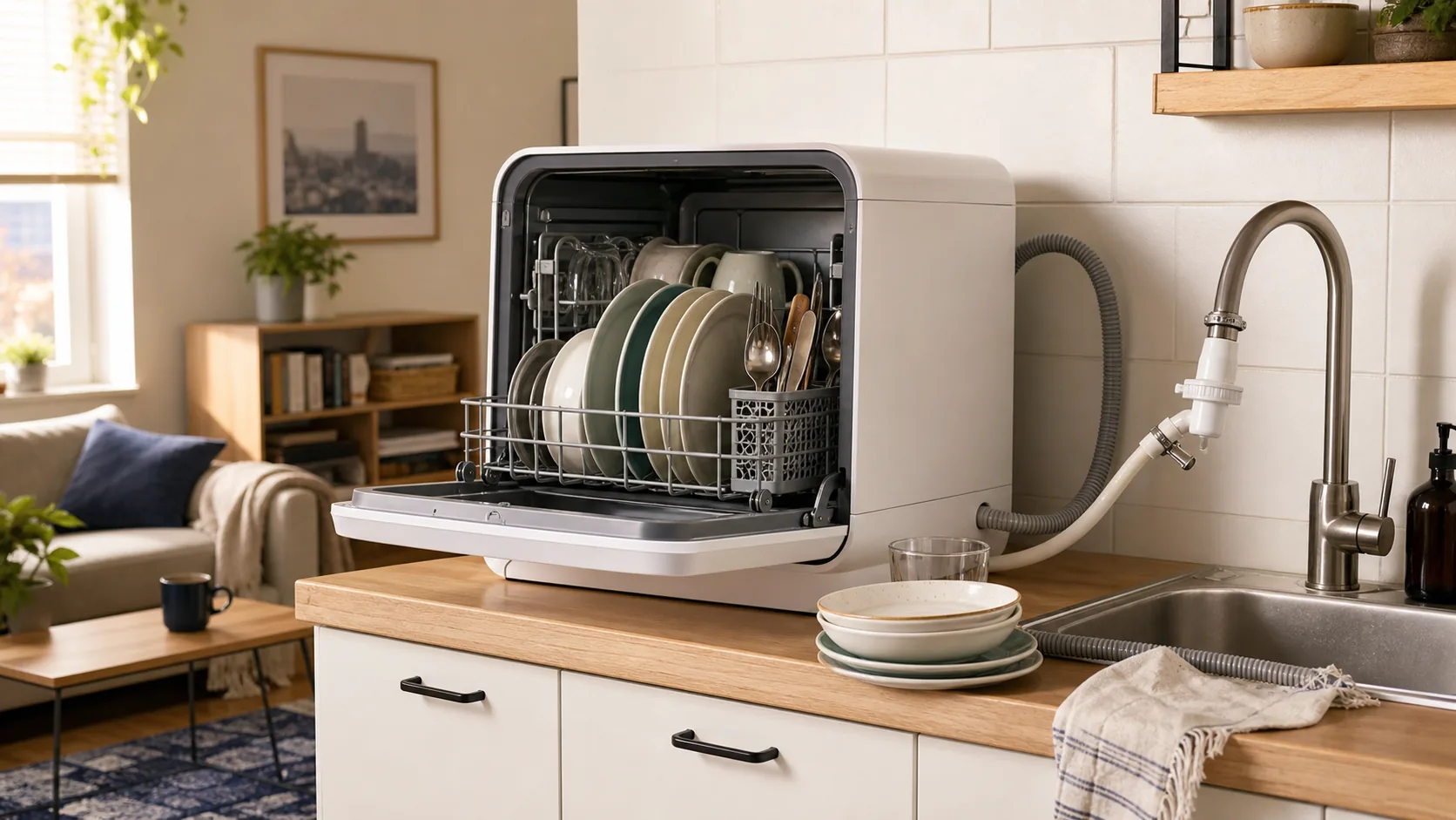 Editorial illustration of a countertop dishwasher connected to an apartment kitchen faucet