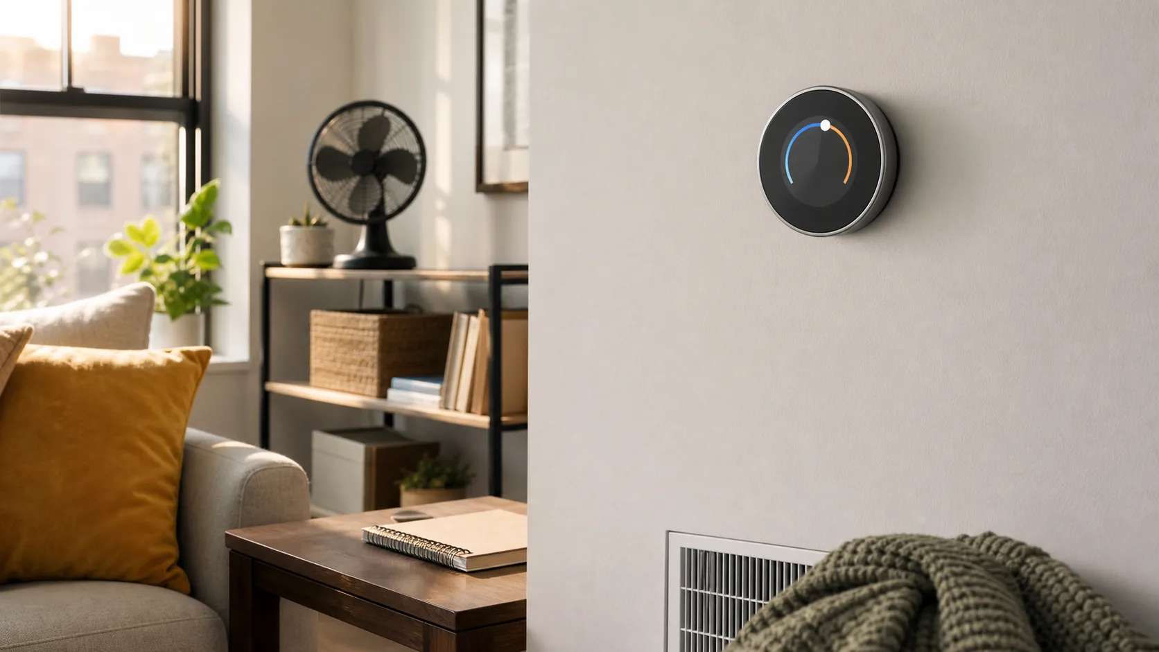 Editorial illustration of a smart thermostat on an apartment wall