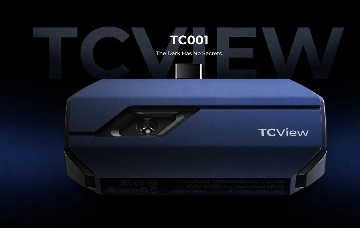 TOPDON TC001 thermal camera module shown against a dark blue background