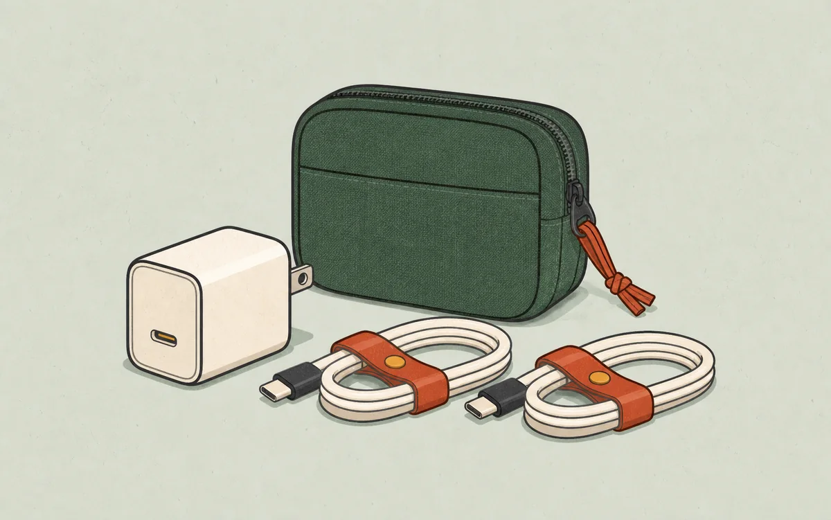 Editorial illustration of a compact USB-C travel charging kit