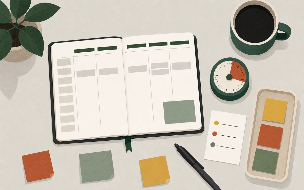 Weekly planner and timer prepared for a short review