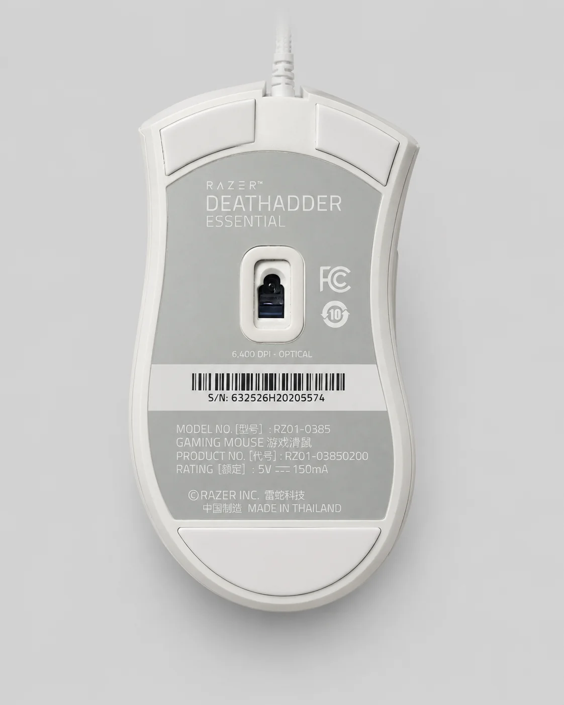 Bottom label of my Razer DeathAdder Essential showing RZ01-0385 and 6400 DPI optical text