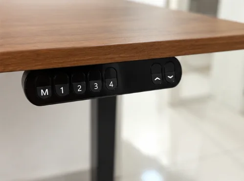Close-up of my SIHOO standing desk memory control panel under the desktop