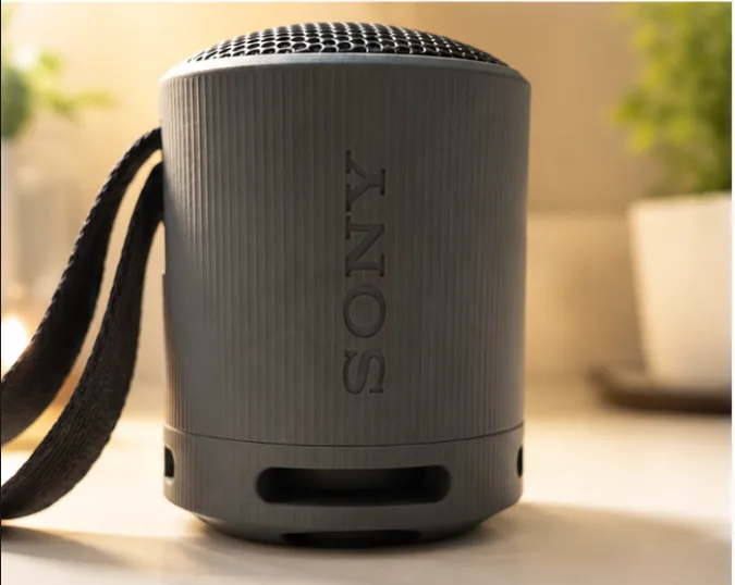 My Sony SRS-XB100 side view showing the Sony logo and carry strap