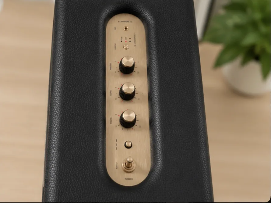 Top panel of my Marshall Stanmore III showing the power switch and analogue control knobs