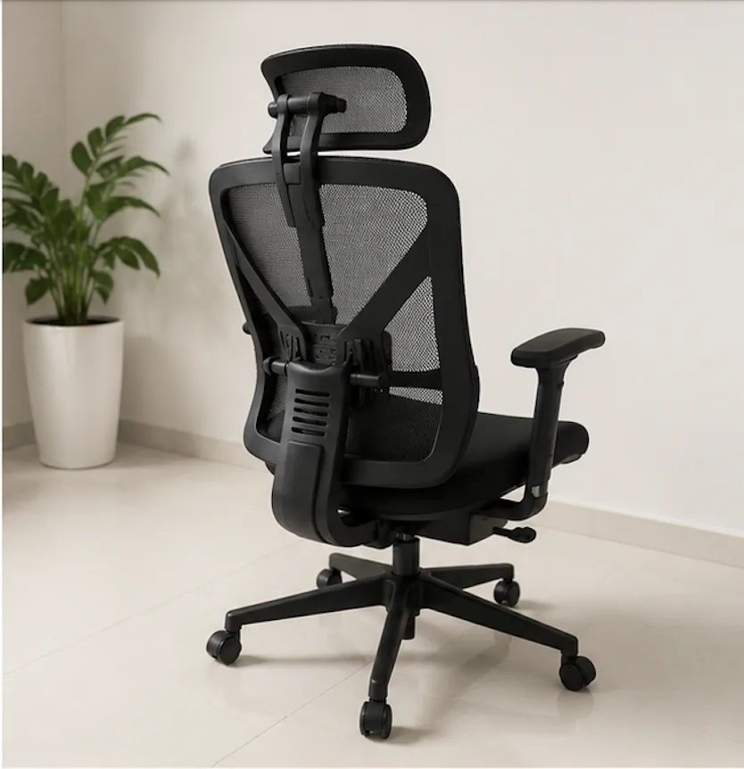 Rear angled view of my SIHOO ergonomic chair showing the back frame and lumbar structure